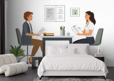 two business people in an office setting, one sitting at a desk and another sitting next to it holding papers while having a conversation with a female staff member. a flat design illustration. Wall mural