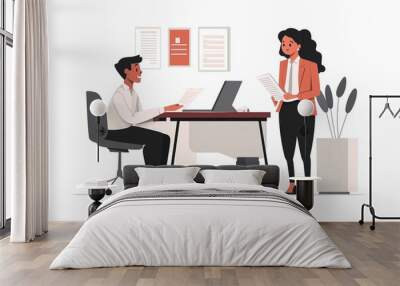 two business people in an office setting, one sitting at a desk and another standing next to it holding papers while having a conversation with a female staff member. a flat design illustration. Wall mural