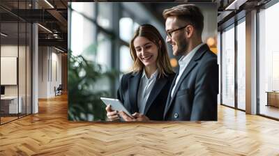 Two business woman and man worker smiling and holding a tablet at corporate office meeting, analyzing work performance. generative AI Wall mural