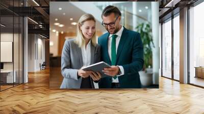 two male and female businessmen looking at digital tablet in company lobby, in the style of joyful, light gray and dark emerald, urban. generative AI Wall mural