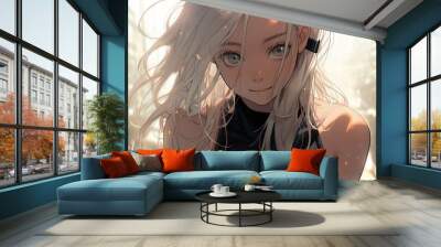 woman, beautiful face, straight hair, intense bule eyes, white skin, japanese animation style. generative AI Wall mural