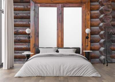 A wooden window in a wall made of logs with white in the background Wall mural