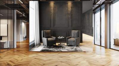 Armchairs and coffee table in classic black interior. 3D render interior mock up. Wall mural