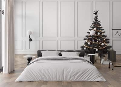 Black christmas tree in classic room, blank white wall, gifts. 3d render illustration mockup. Wall mural