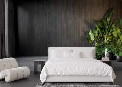 Black interior with wood wall panel and plants. 3d render illustration mock up. Wall mural