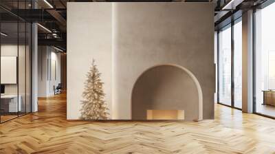 Christmas minimalist interior with fireplace, plaster walls and decor. Ai generated. Wall mural