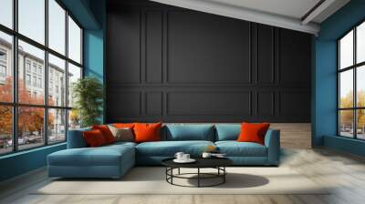 Classic black empty interior with wall panels, moldings and wooden floor. 3d render illustration mock up. Wall mural