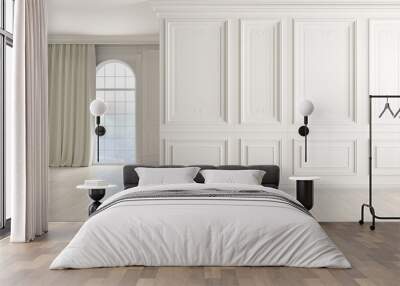 Classic empty interior with white wall, wood floor, window and curtain. Wall mural