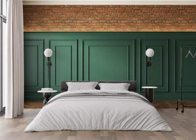 Classic loft interior with green wall panel, moldings and brick wall. 3d render illustration mockup. Wall mural