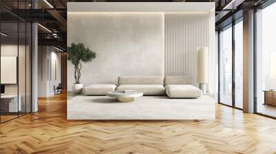 Contemporary interior with sofa, wall panel and decor. 3d render illustration mockup. Wall mural