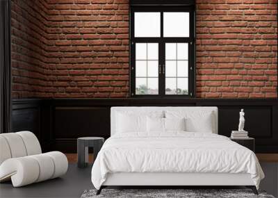 Empty loft interior with brick wall, wall panel and window. 3d render illustration mock up. Wall mural