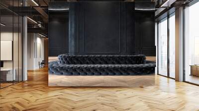 Exhibition hall, museum, showroom classic black minimalistic interior with capitone upholstery sofa, molding, wall panel, wood floor. 3d render illustration mock up. Wall mural