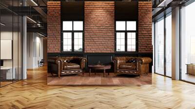 Loft interior with leather armchairs, brick wall, wall panel, coffee table. 3d render illustration mock up. Wall mural