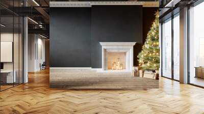 Modern classic black empty interior with fireplace, christmas tree and gifts. 3d render illustration mock up Wall mural