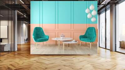 Modern classic double color interior with armchairs, lamp, table, wall panels and wooden floor. 3d render illustration mock up. Wall mural