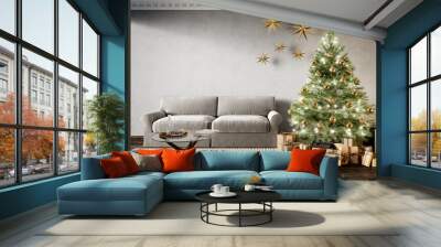 Modern classic gray interior with fireplace, christmas tree, gifts and sofa. 3d render illustration mock up Wall mural