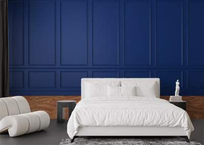 Modern classic royal blue empty interior with wall panels and wooden floor. 3d render illustration mockup. Wall mural