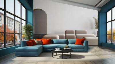 Modern white minimalist interior with arch, concrete floor, sofa and decor. 3d render illustration mock up. Wall mural