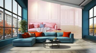 Sofa and table In classic pink interior. 3D render illustration. Wall mural