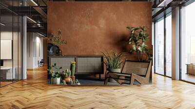 Terracotta color interior with plants, dresser, armchair and decor. 3d render illustration mock up. Wall mural