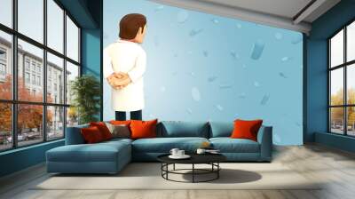 Cartoon 3d doctor dressed in white coat having his back turned and looking down on a blue background with falling pills and tablets 3d rendering Wall mural