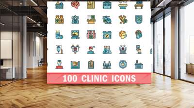 100 clinic icons set. Color line set of clinic vector icons thin line color flat on white Wall mural