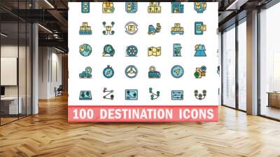 100 destination icons set. Color line set of destination vector icons thin line color flat on white Wall mural