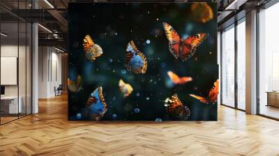 Beautiful butterflies with colorful wings flying in a dark magical forest with sparkling lights Wall mural