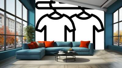 Black and white line art icon featuring two tshirts hanging on a rod Wall mural