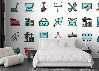 Building reconstruction icons set. Outline set of building reconstruction vector icons thin line color flat on white Wall mural