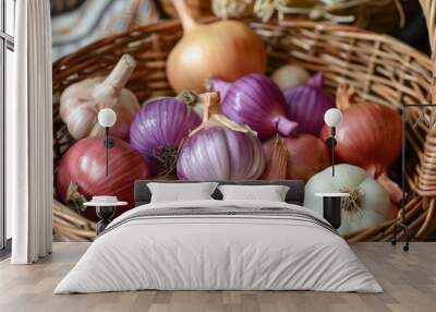 Closeup of red and white onions in a traditional wicker basket, depicting organic produce Wall mural