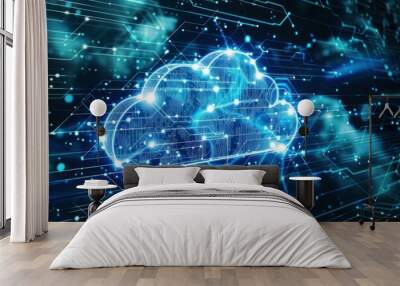 Cloud computing technology symbol appearing from futuristic circuit board, concept of cloud storage, networking, online services Wall mural