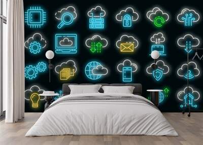 Cloud technology icons set. Outline set of cloud technology vector icons neon color on black Wall mural