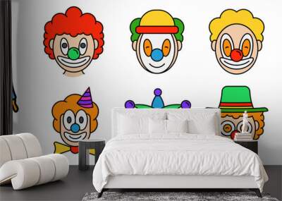 Clown icons set. Outline set of clown vector icons thin line color flat isolated on white Wall mural