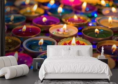 Colorful traditional clay diya lamps lit burning for diwali festival celebration with glittering bokeh background Wall mural