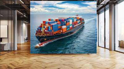 Container ship sailing on the ocean transporting cargo containers at sunny day Wall mural