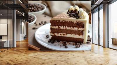 Creamy coffee cake sitting on a plate and dusted with cocoa powder Wall mural