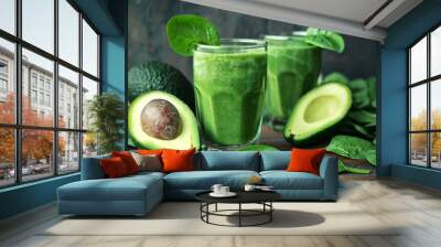 Delicious and nutritious homemade fresh avocado spinach smoothie with green ingredients for a healthy lifestyle and wellbeing, perfect for breakfast or a morning snack Wall mural