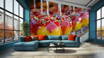 Delicious candy apples covered in red glaze and colorful sprinkles waiting at outdoor market stall Wall mural