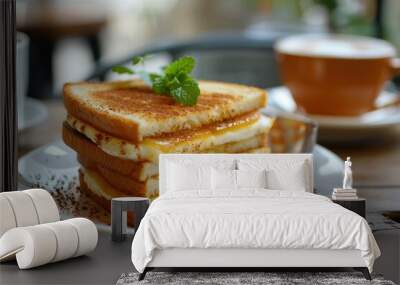 Delicious toasted sandwich with cheese and marmalade for breakfast or brunch Wall mural