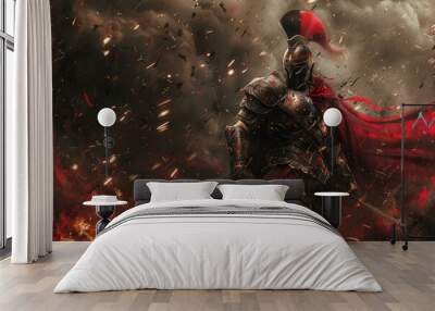 Fierce warrior clad in armor amidst a dynamic battle scene with flying sparks and a red cloak Wall mural