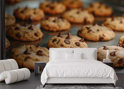 Freshly baked chocolate chip cookies cooling on a baking sheet after coming out of the oven Wall mural