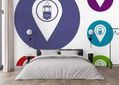 Geo tag with tram sign icons set in flat circle red, blue and green color for web Wall mural