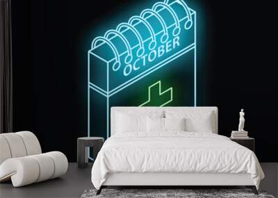 Glowing neon calendar showing october with plus sign on black background Wall mural