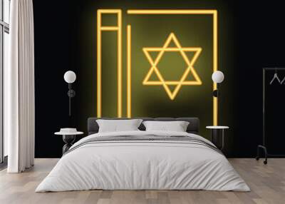 Glowing neon line jewish torah book icon isolated on black background Wall mural