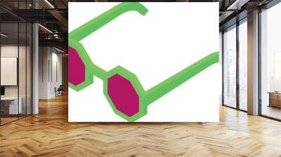 Green fashion sunglasses with red lenses lying on white background, isometric view Wall mural