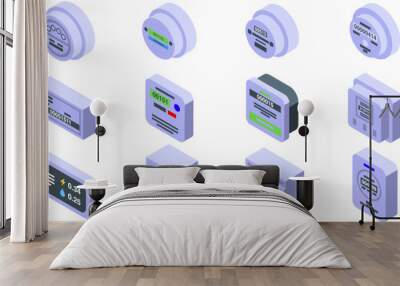 Household meters icons isometric set vector. A collection of electronic devices including a cell phone, a clock, and a digital scale. The devices are all white and arranged in a grid Wall mural