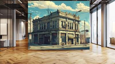 Illustrating urban decay with an empty building on a street corner Wall mural