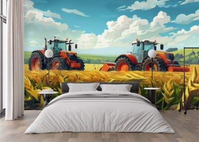 Illustration of two advanced tractors working on a vibrant wheat farm under a clear sky Wall mural