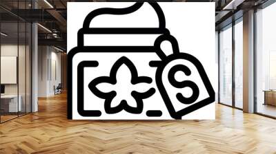 Line art icon of a cosmetic cream jar with a flower symbol and dollar sign price tag, representing natural beauty products and their cost Wall mural